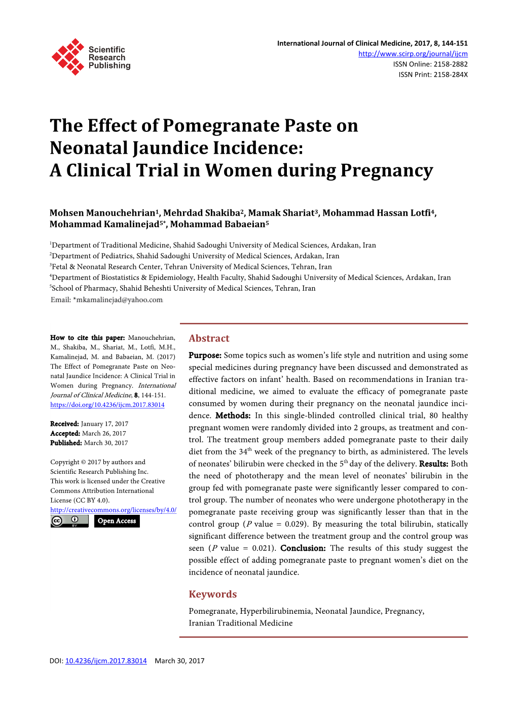 The Effect of Pomegranate Paste on Neonatal Jaundice Incidence: a Clinical Trial in Women During Pregnancy