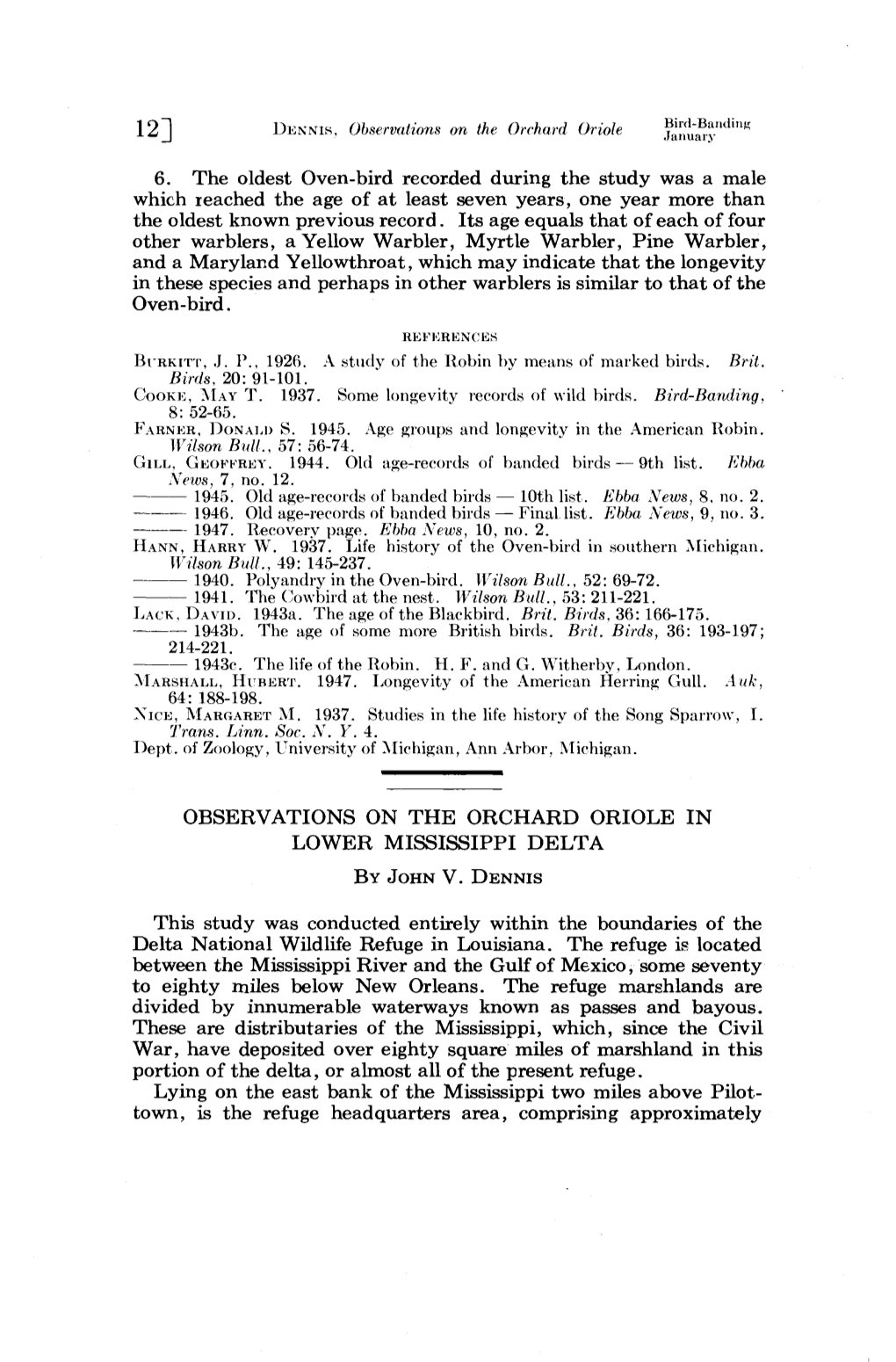 Observations on the Orchard Oriole in Lower Mississippi Delta