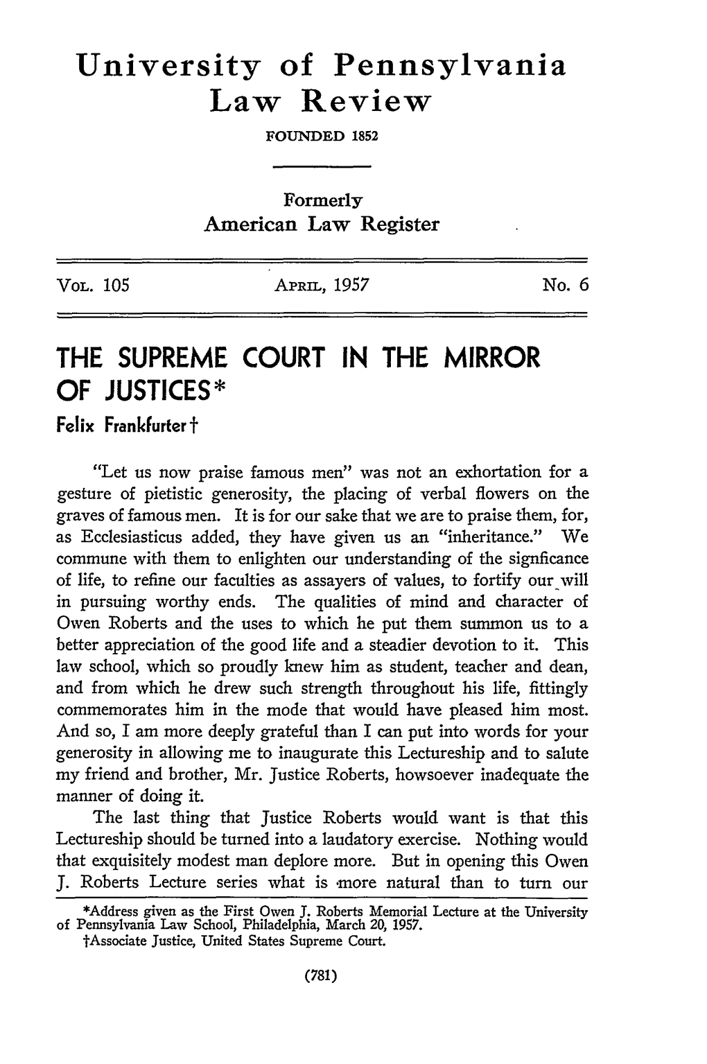 SUPREME COURT in the MIRROR of JUSTICES* Felix Frankfurter T