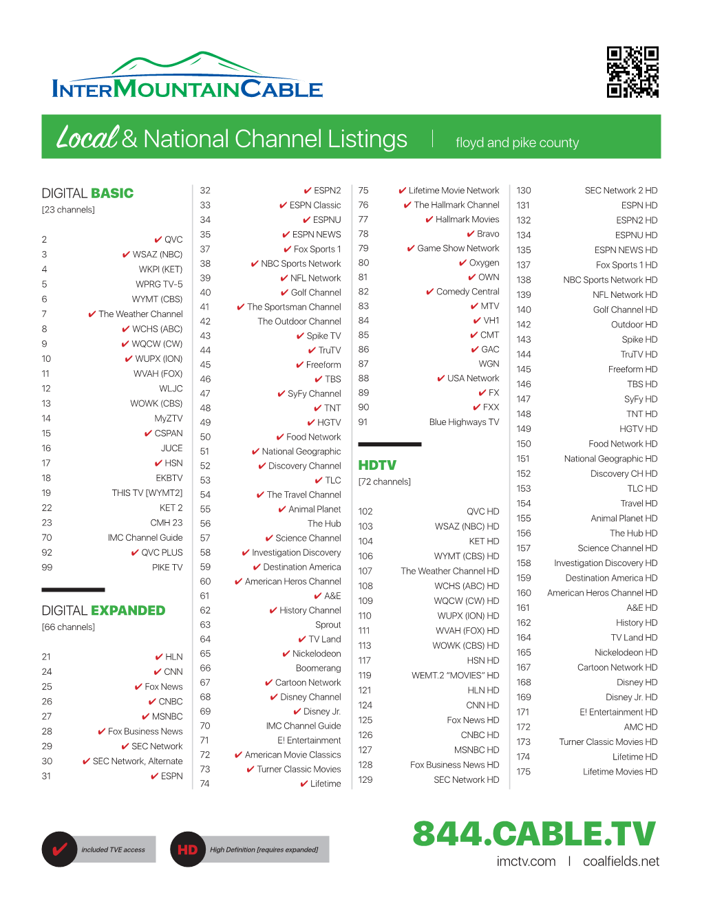 844.CABLE.Tvimctv.Com I Coalfields.Net Local & National Channel Listings I Floyd • Pike • Letcher