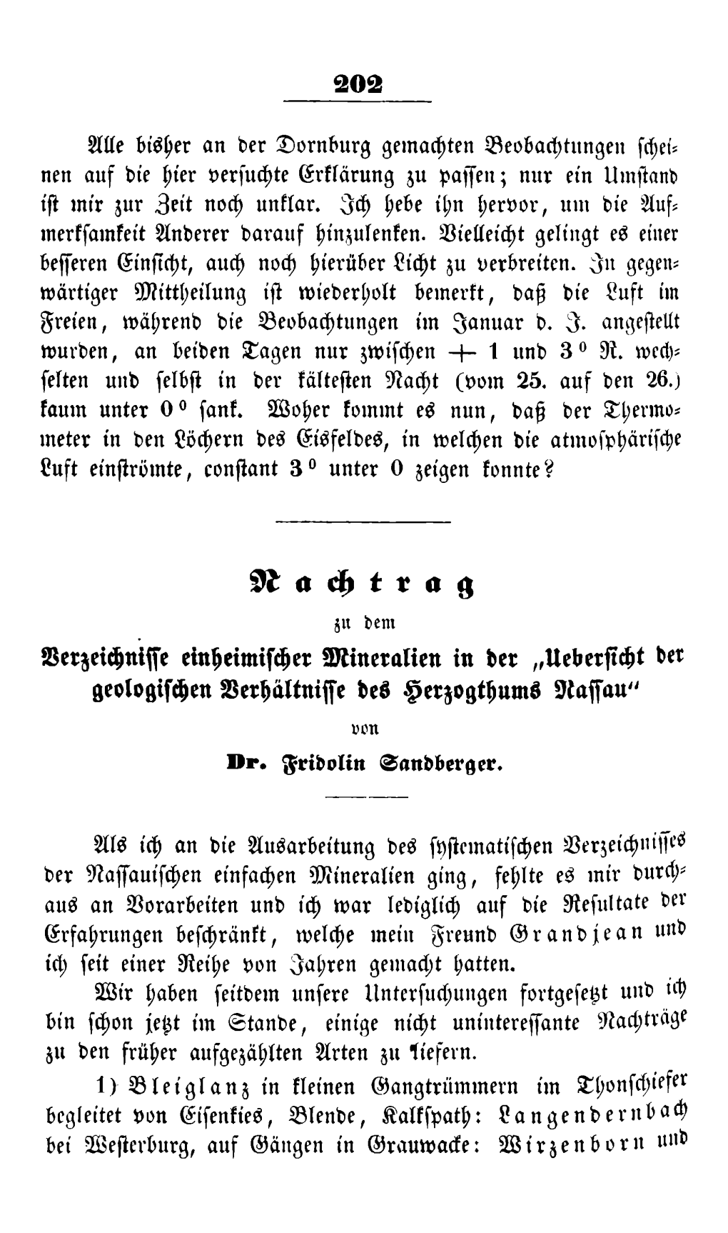 Nachtrag Zu Dem Verzeichnisse Einheimischer Mineralien in Der „Uebersicht Der Geologischen Verhältnisse Des Herzogthums Nassau" Von Fridolin Sandberger