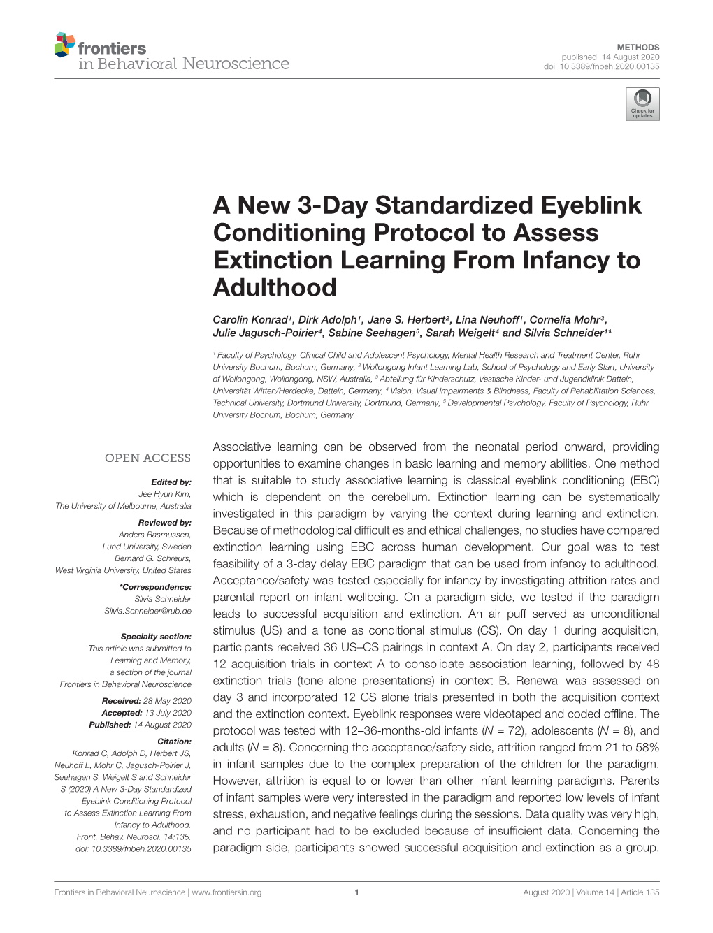 A New 3-Day Standardized Eyeblink Conditioning Protocol to Assess Extinction Learning from Infancy to Adulthood