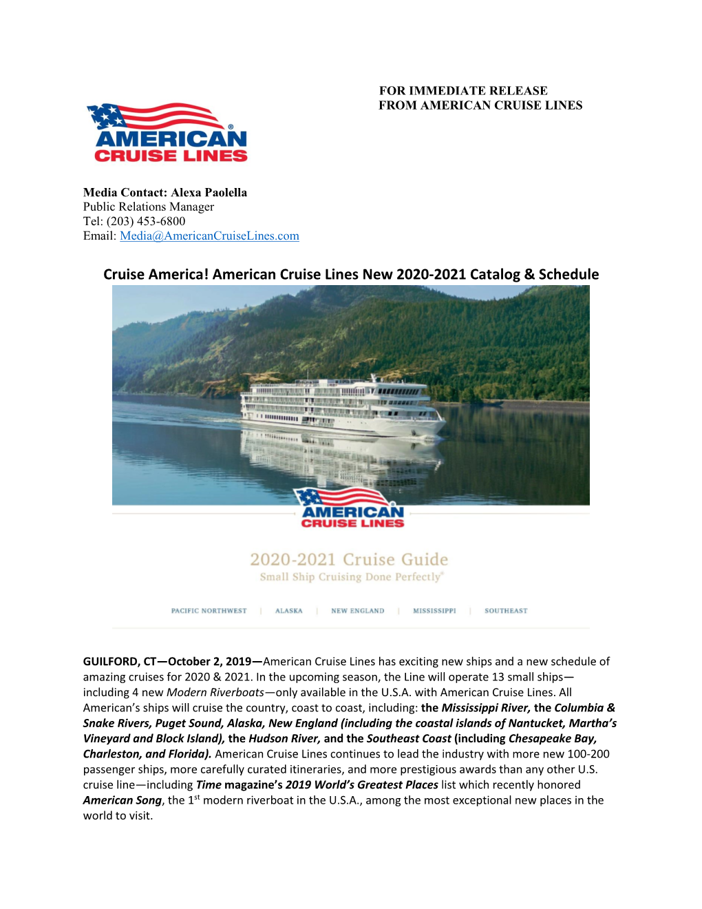 American Cruise Lines New 2020-2021 Catalog & Schedule