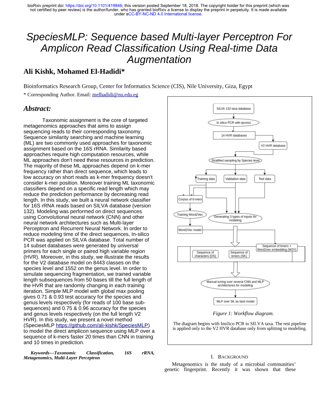 Speciesmlp: Sequence Based Multi-Layer Perceptron for Amplicon Read Classification Using Real-Time Data Augmentation Ali Kishk, Mohamed El-Hadidi*