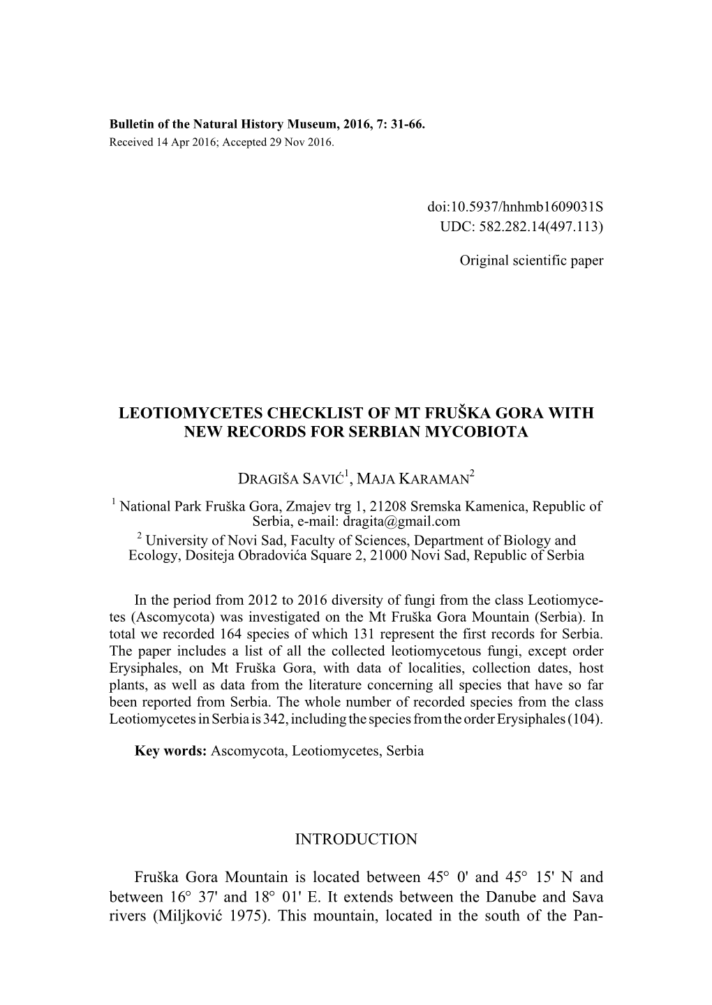 Leotiomycetes Checklist of Mt Fruška Gora with New Records for Serbian Mycobiota