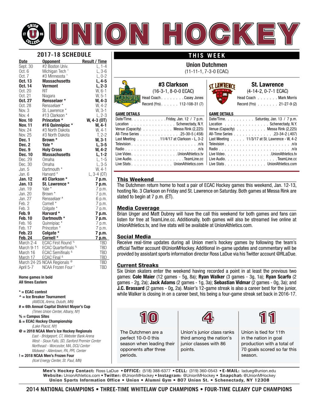 UNION HOCKEY 2017-18 SCHEDULE THIS WEEK Date Opponent Result / Time Sept