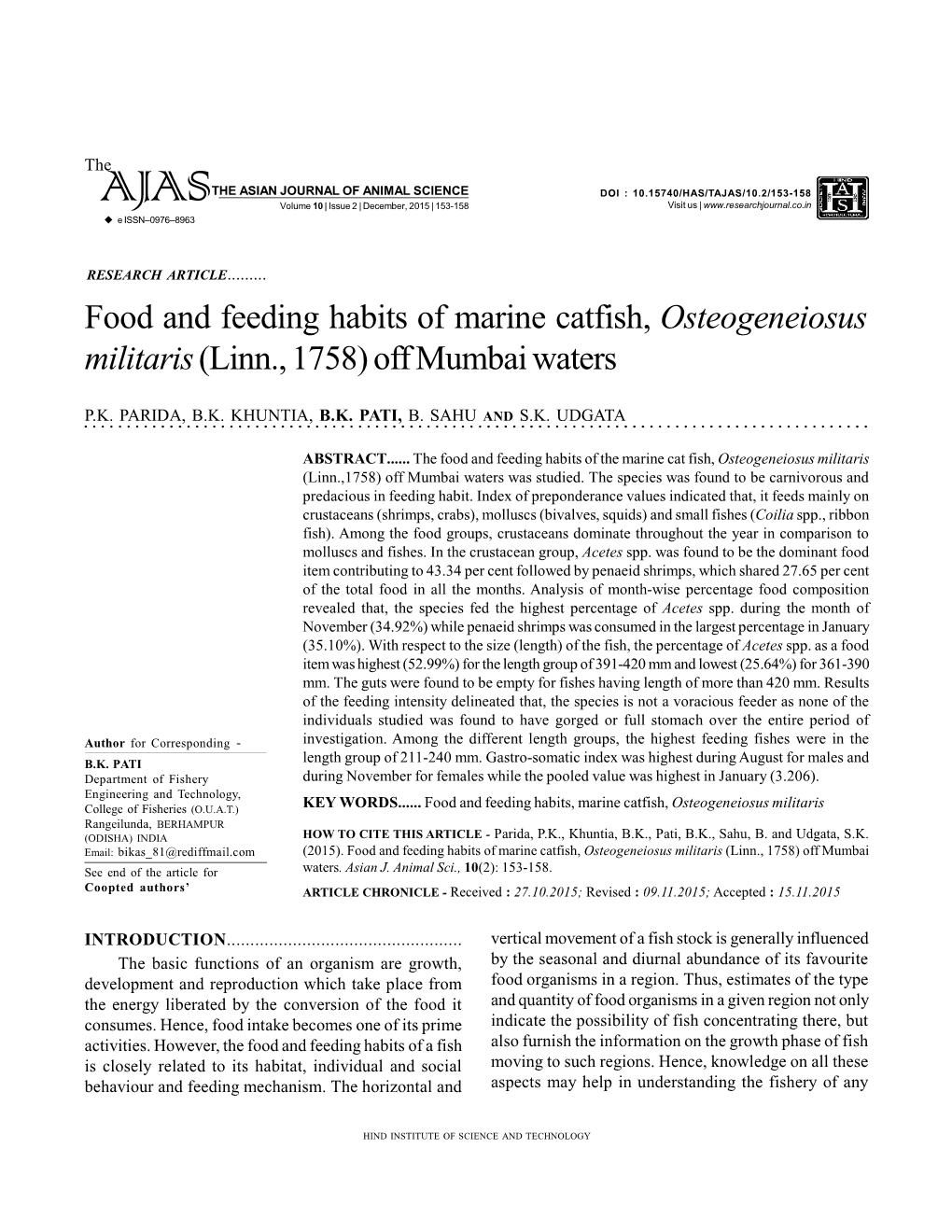 Food and Feeding Habits of Marine Catfish, Osteogeneiosus Militaris (Linn., 1758) Off Mumbai Waters