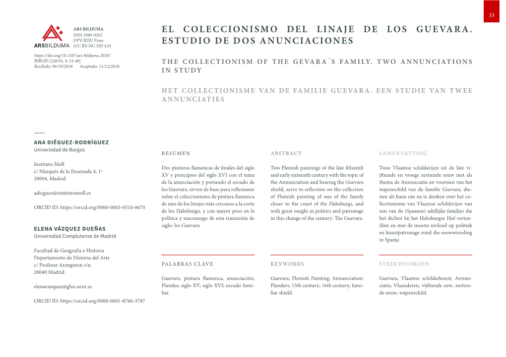 El Coleccionismo Del Linaje De Los Guevara. Estudio De Dos Anunciaciones Arsbilduma Ana Diéguez-Rodríguez • Elena Vázquez Dueñas