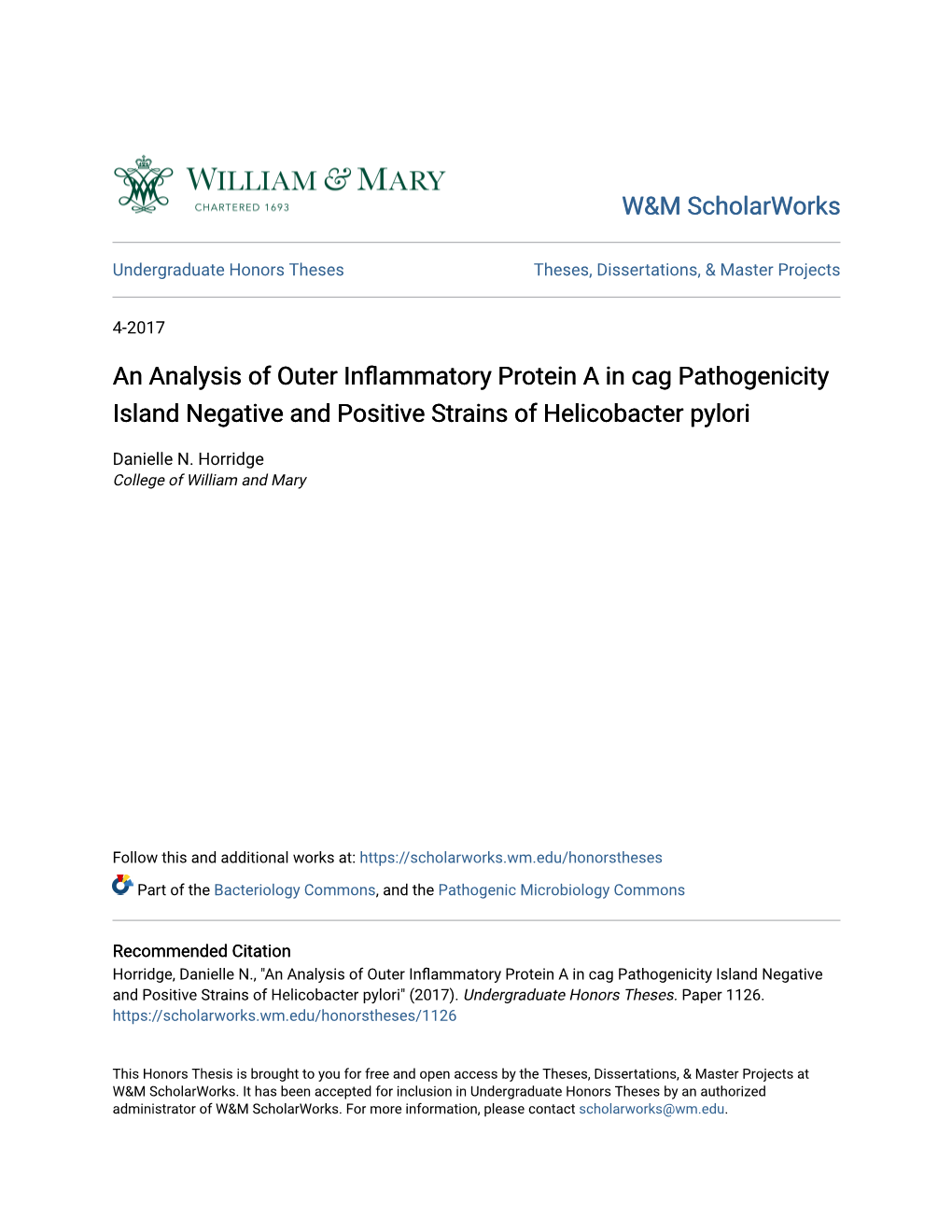 An Analysis of Outer Inflammatory Protein a in Cag Pathogenicity Island Negative and Positive Strains of Helicobacter Pylori