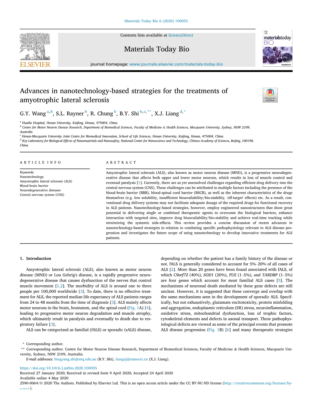 Advances in Nanotechnology-Based Strategies for the Treatments of Amyotrophic Lateral Sclerosis