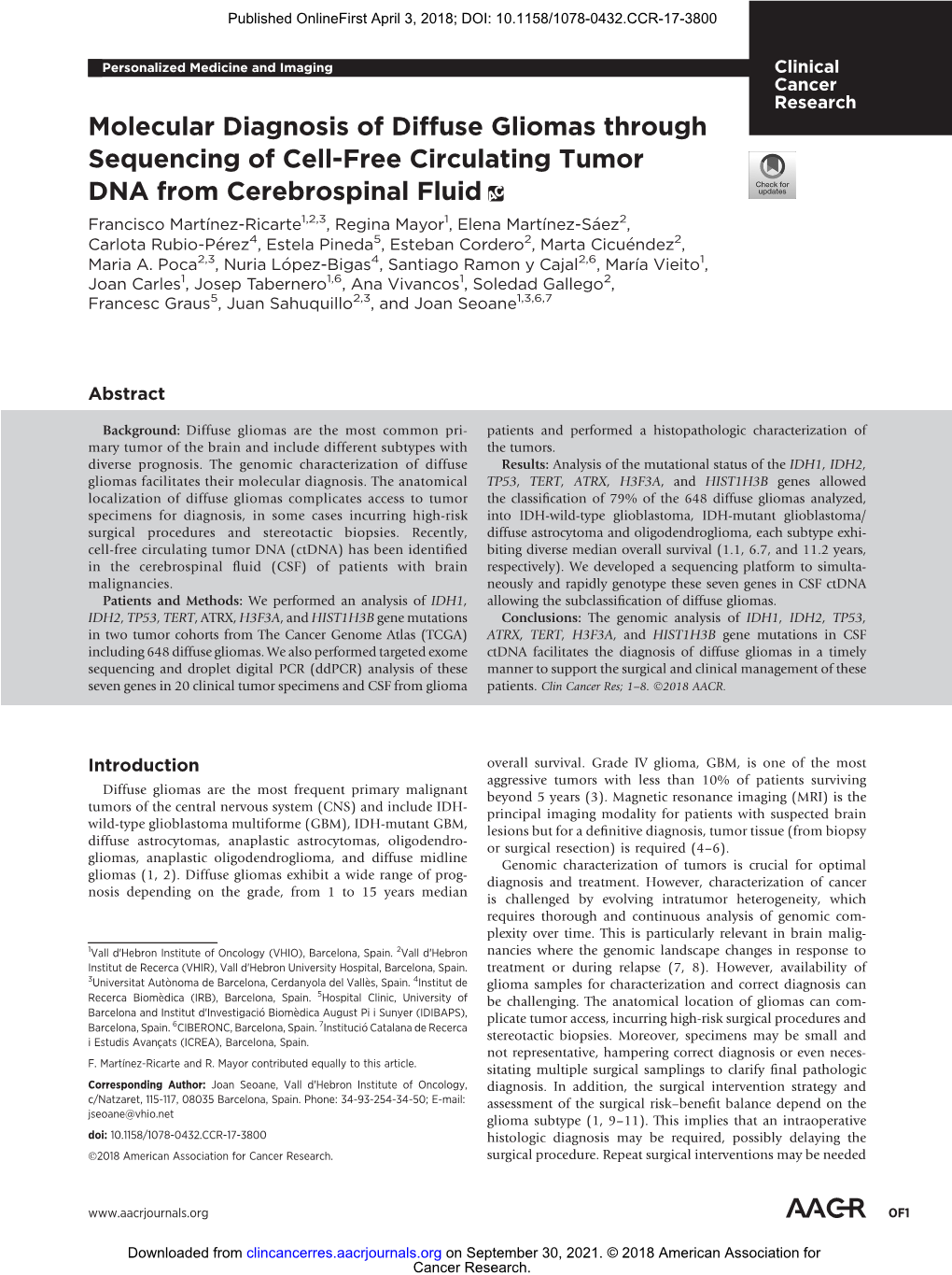 Molecular Diagnosis of Diffuse Gliomas Through Sequencing of Cell-Free Circulating Tumor DNA from Cerebrospinal Fluid