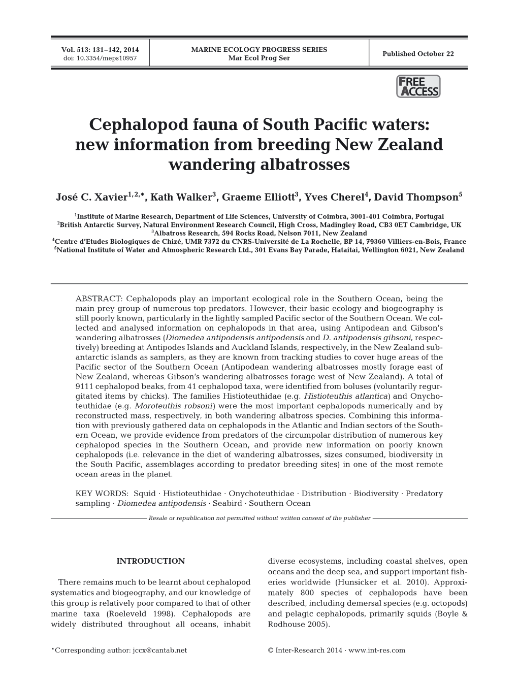 Cephalopod Fauna of South Pacific Waters: New Information from Breeding New Zealand Wandering Albatrosses