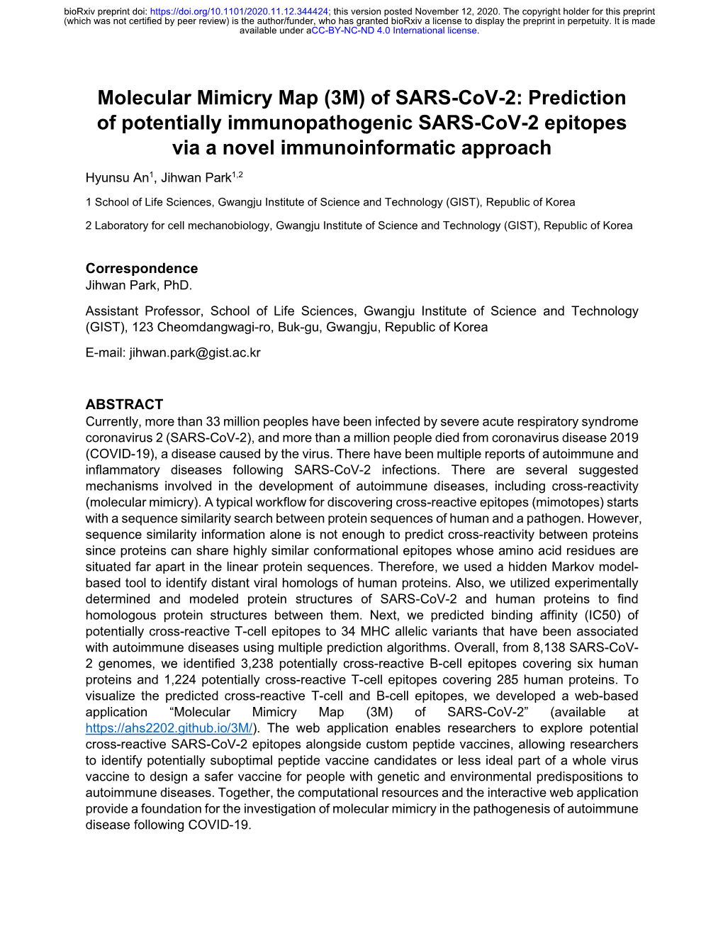 Molecular Mimicry Map (3M) of SARS-Cov-2: Prediction of Potentially Immunopathogenic SARS-Cov-2 Epitopes Via a Novel Immunoinformatic Approach