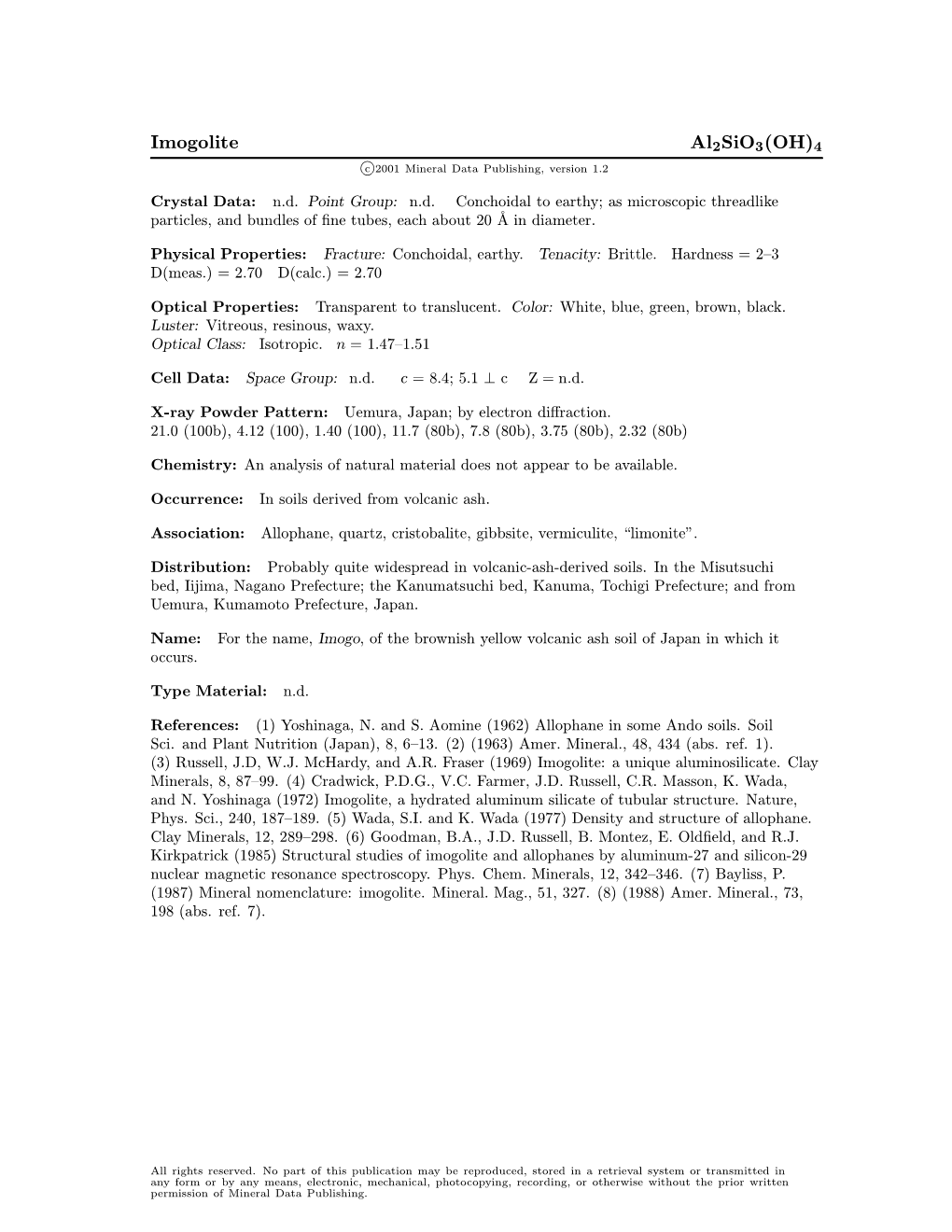 Imogolite Al2sio3(OH)4 C 2001 Mineral Data Publishing, Version 1.2 ° Crystal Data: N.D