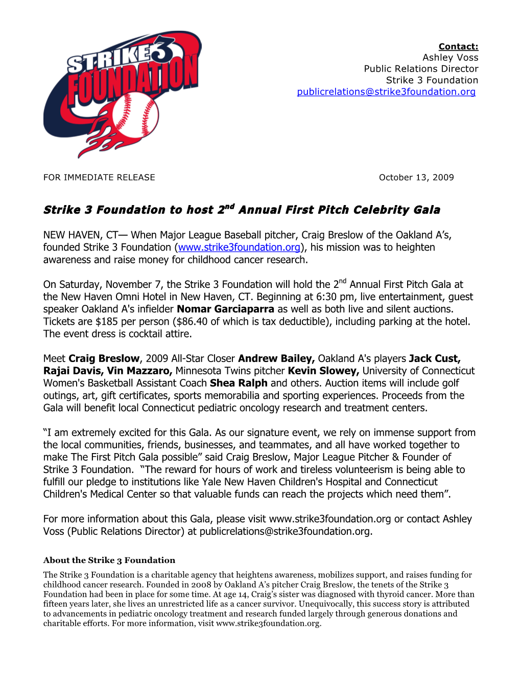 Strike 3 Foundation to Host 2Nd Annual First Pitch Celebrity Gala
