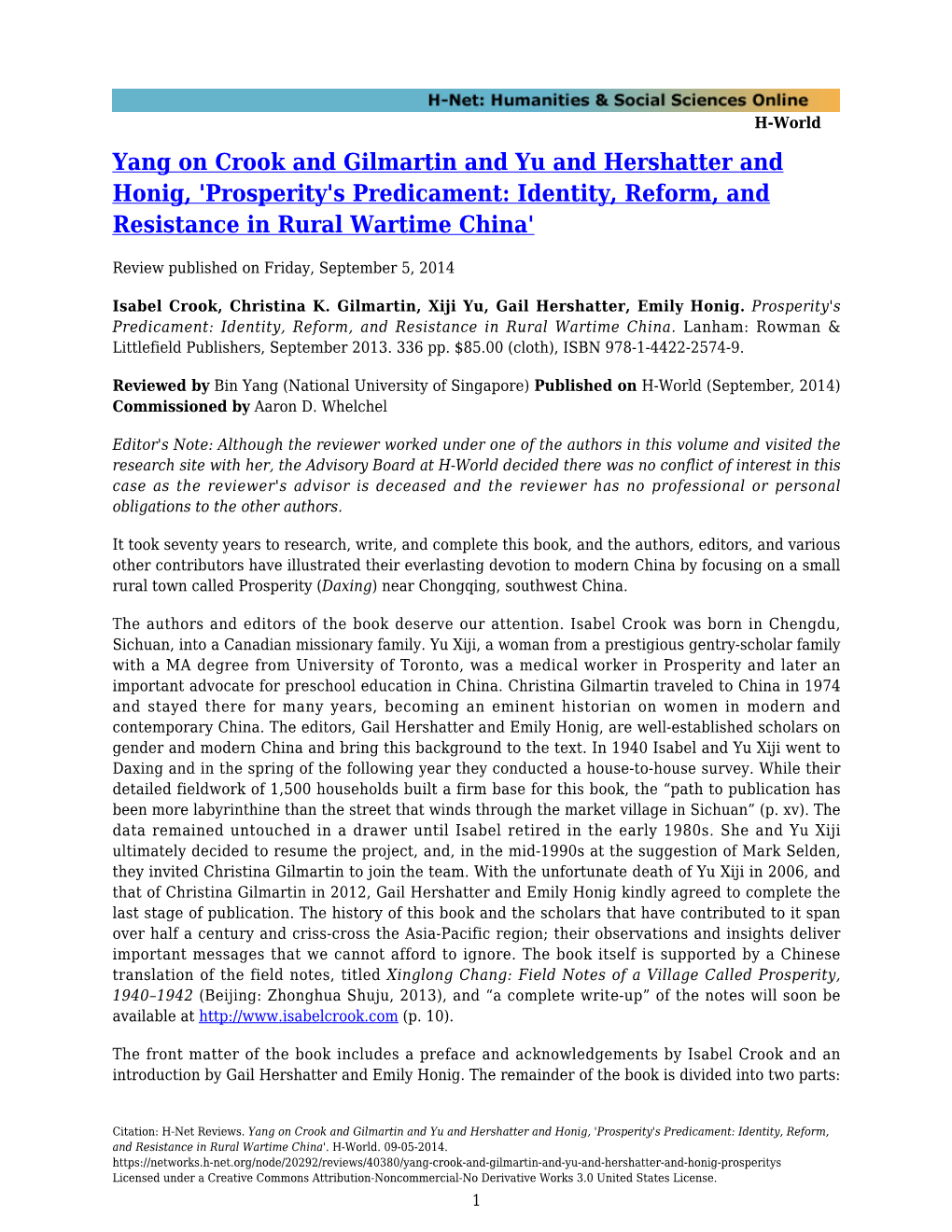 Yang on Crook and Gilmartin and Yu and Hershatter and Honig, 'Prosperity's Predicament: Identity, Reform, and Resistance in Rural Wartime China'