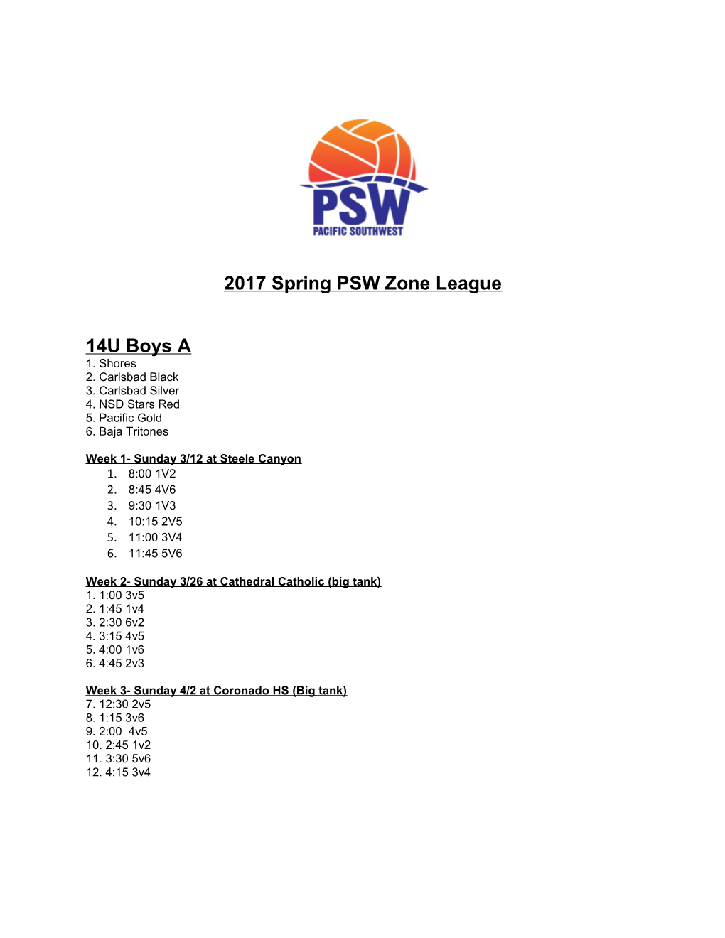 2017 Spring PSW Zone League