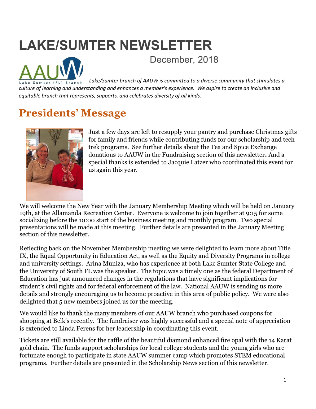 December 2018 Newsletter