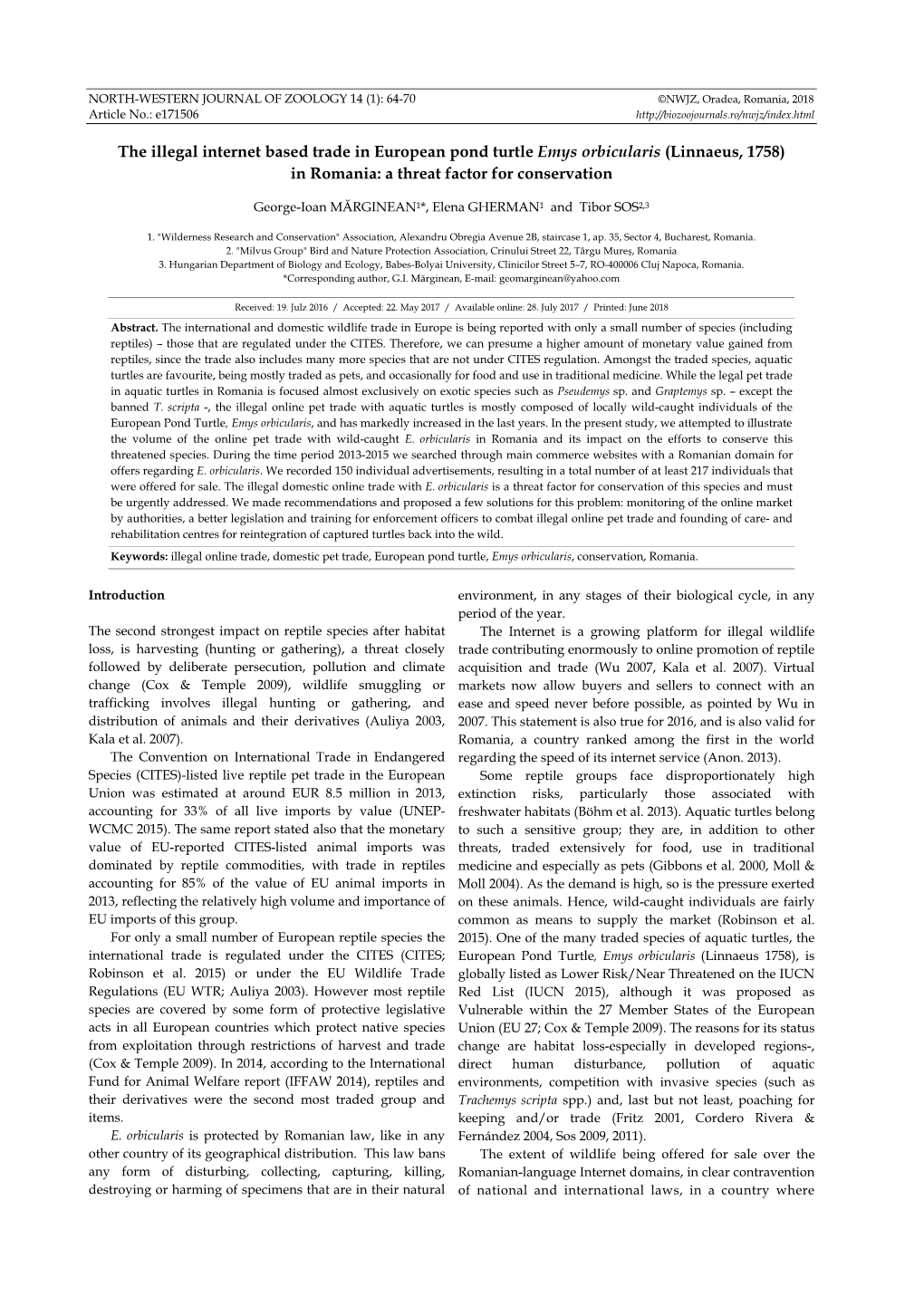 The Illegal Internet Based Trade in European Pond Turtle Emys Orbicularis (Linnaeus, 1758) in Romania: a Threat Factor for Conservation