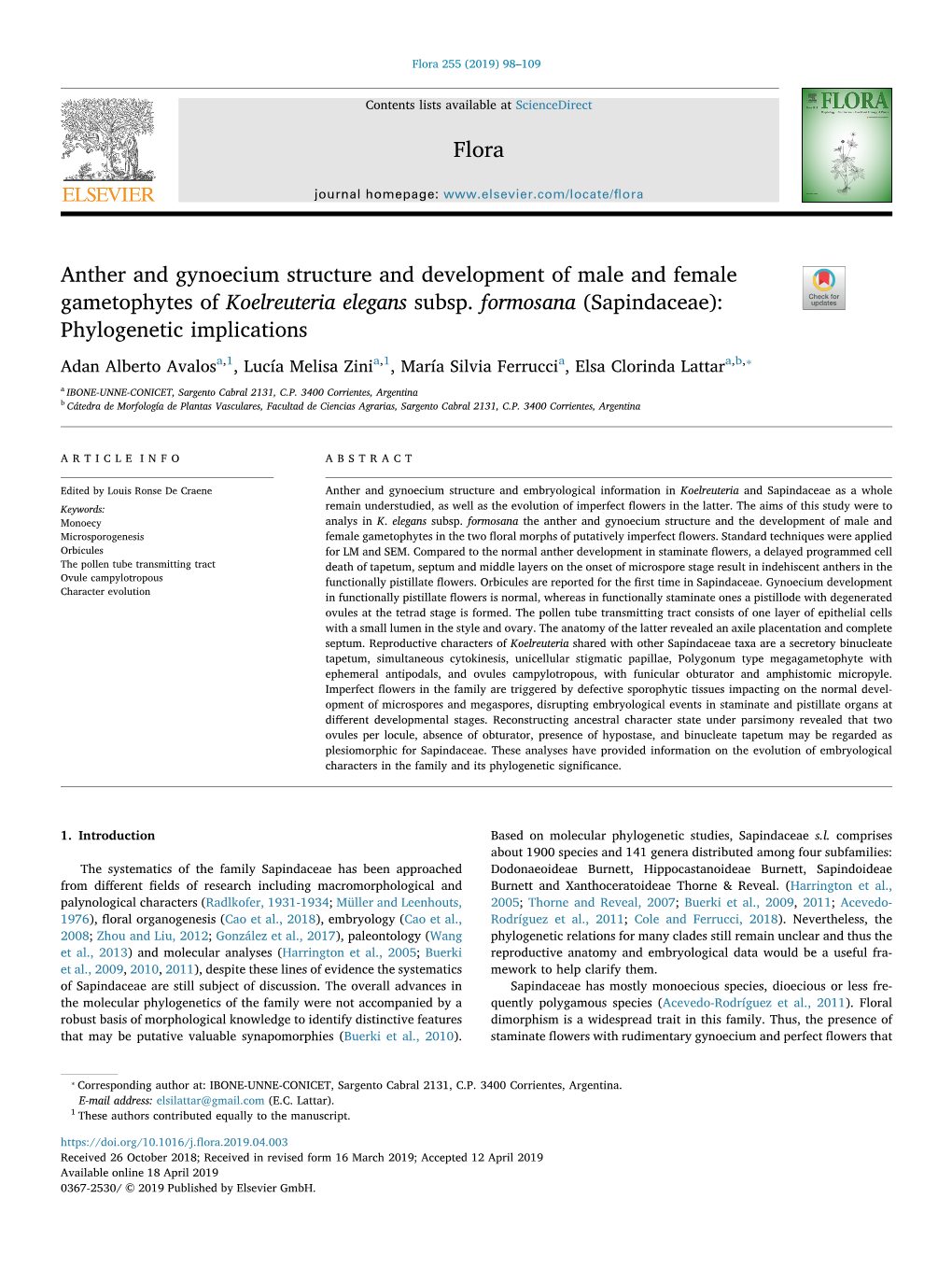 Anther and Gynoecium Structure and Development of Male and Female Gametophytes of Koelreuteria Elegans Subsp