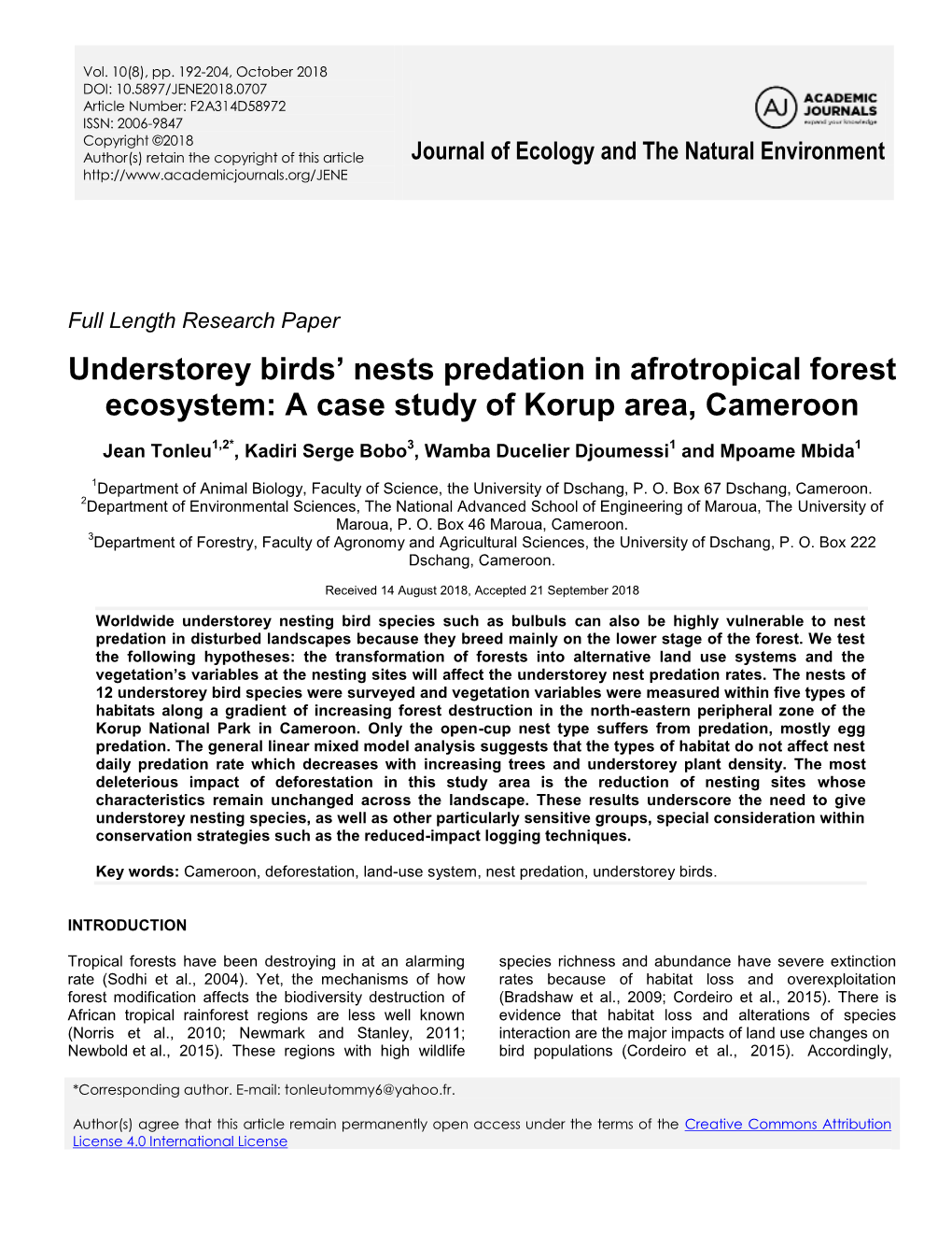 Understorey Birds' Nests Predation in Afrotropical Forest Ecosystem