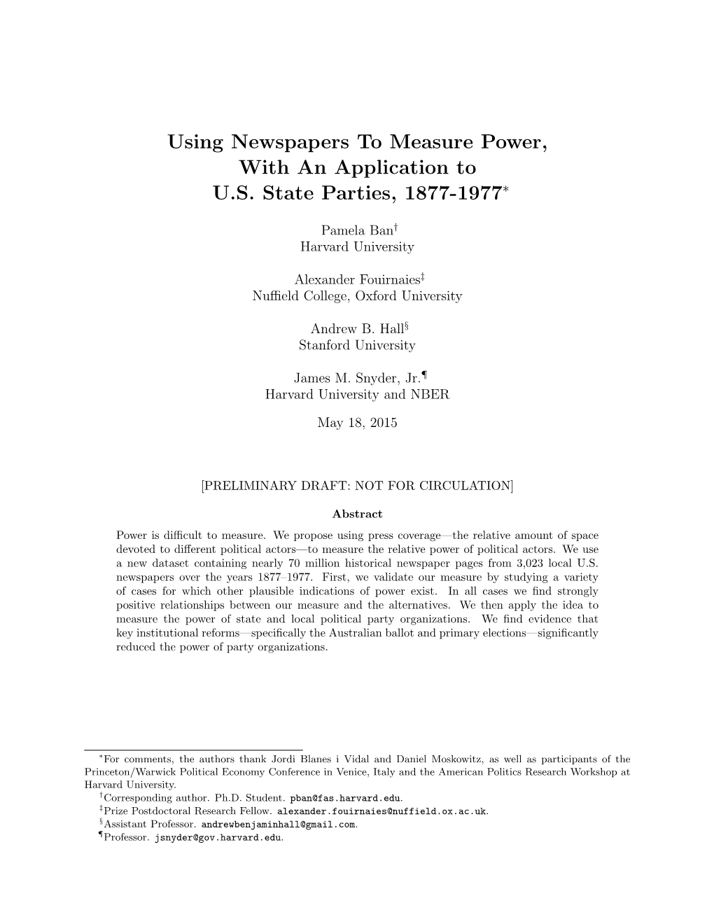 Using Newspapers to Measure Power, with an Application to U.S. State Parties, 1877-1977∗