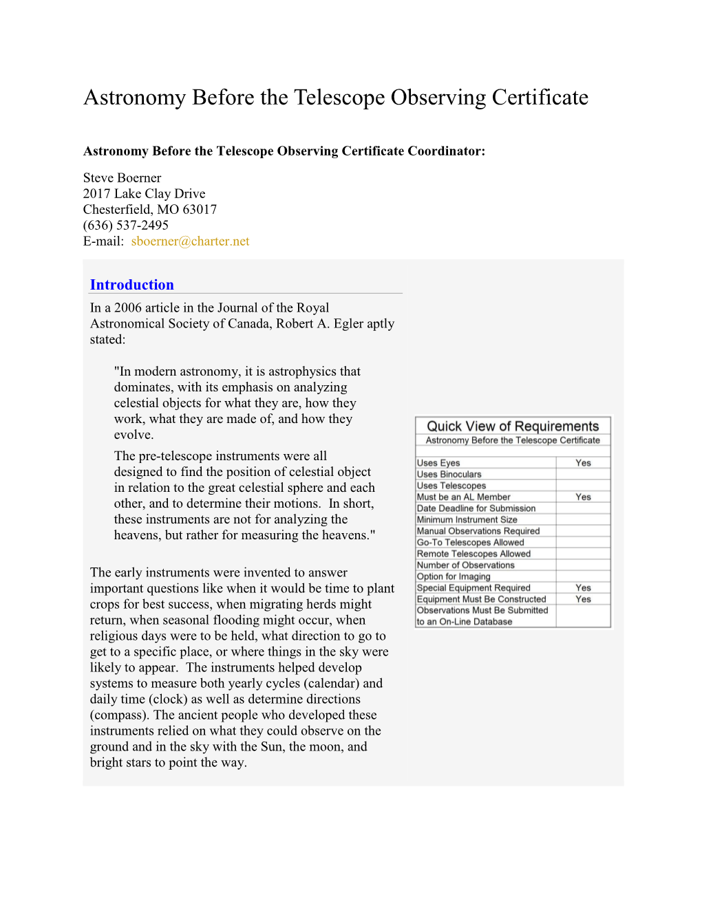 Astronomy Before the Telescope Observing Certificate