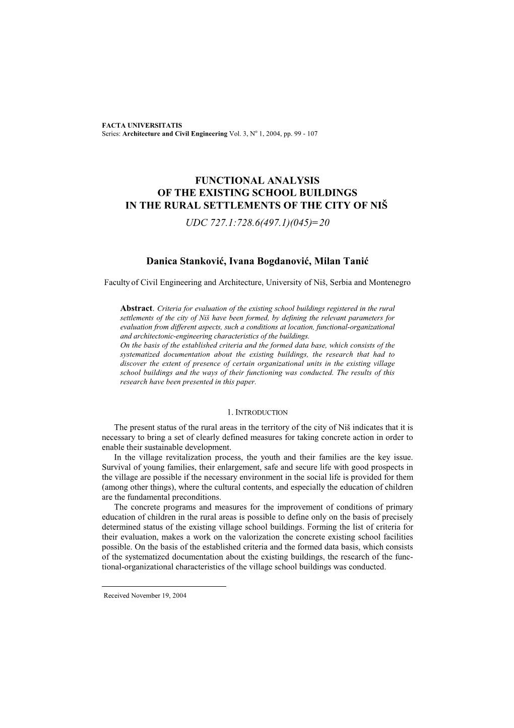 Functional Analysis of the Existing School Buildings in the Rural Settlements of the City of Niš Udc 727.1:728.6(497.1)(045)=20