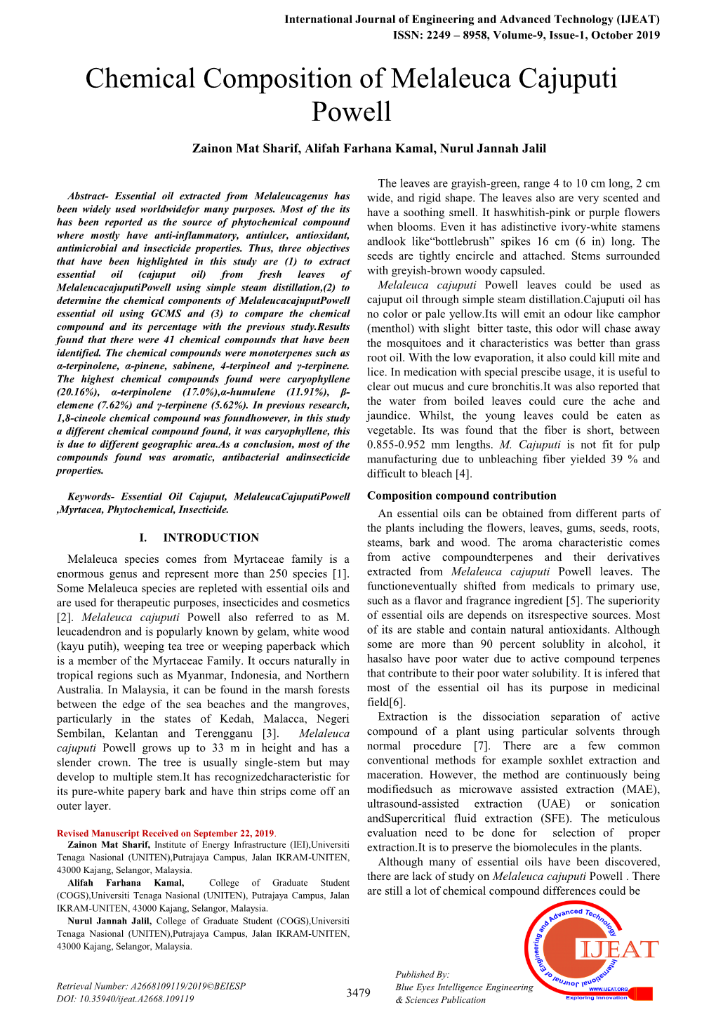 Chemical Composition of Melaleuca Cajuputi Powell