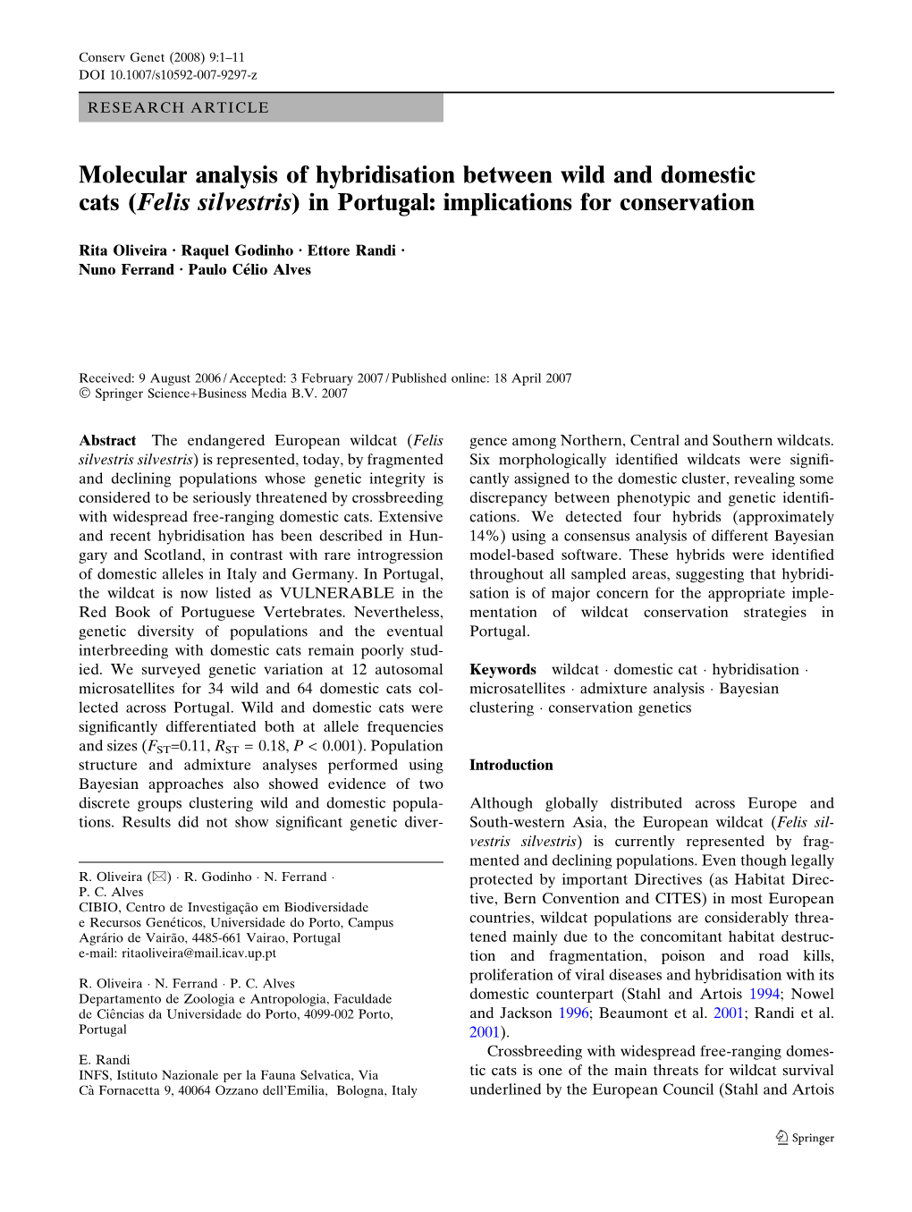 Molecular Analysis of Hybridisation Between Wild and Domestic Cats (Felis Silvestris) in Portugal: Implications for Conservation