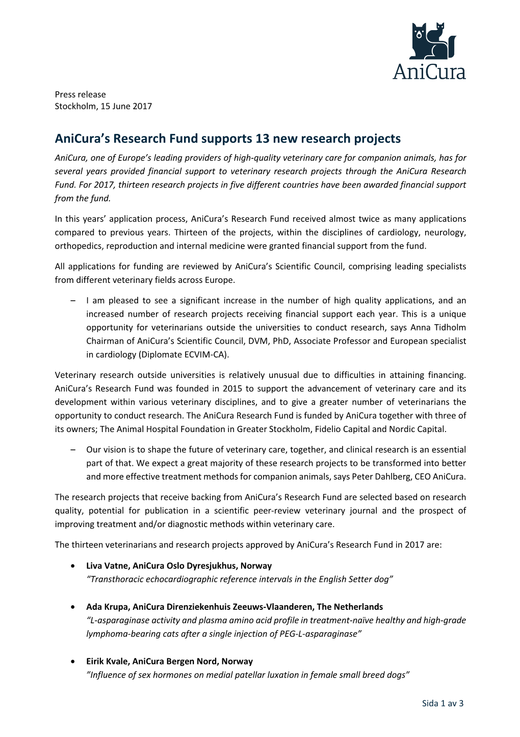 Anicura's Research Fund Supports 13 New Research Projects
