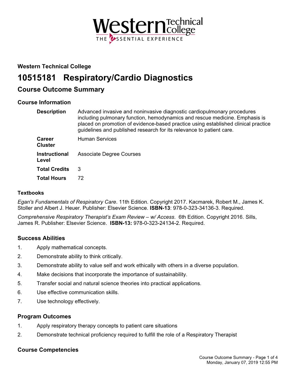 10515181 Respiratory/Cardio Diagnostics Course Outcome Summary