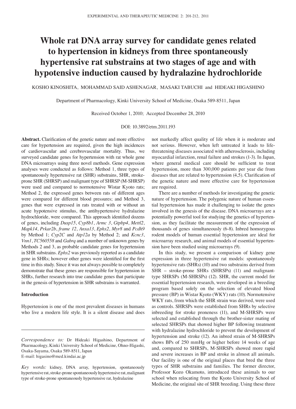 Whole Rat DNA Array Survey for Candidate Genes Related To