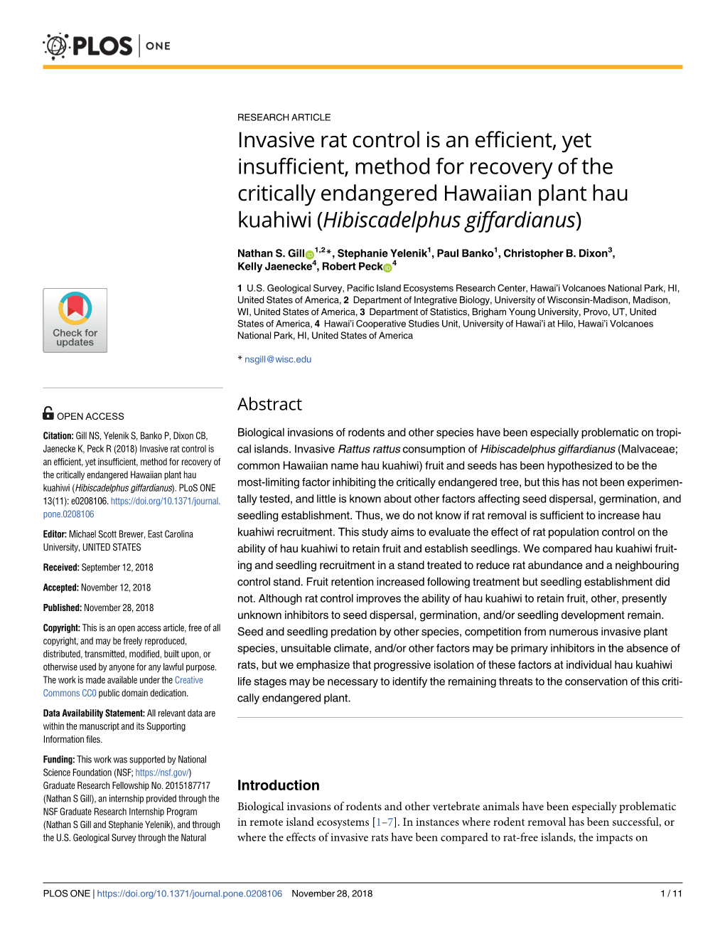 Invasive Rat Control Is an Efficient, Yet Insufficient, Method for Recovery of the Critically Endangered Hawaiian Plant Hau Kuahiwi (Hibiscadelphus Giffardianus)