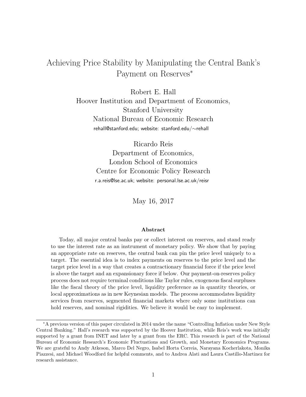 Achieving Price Stability by Manipulating the Central Bank's Payment on Reserves