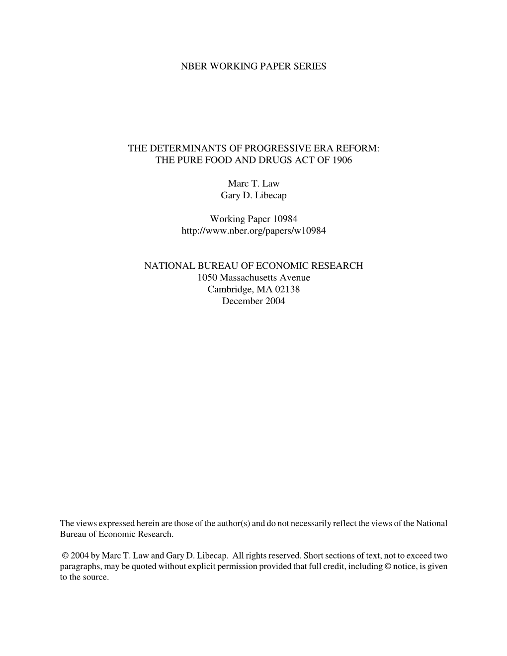 The Determinants of Progressive Era Reform: the Pure Food and Drugs Act of 1906