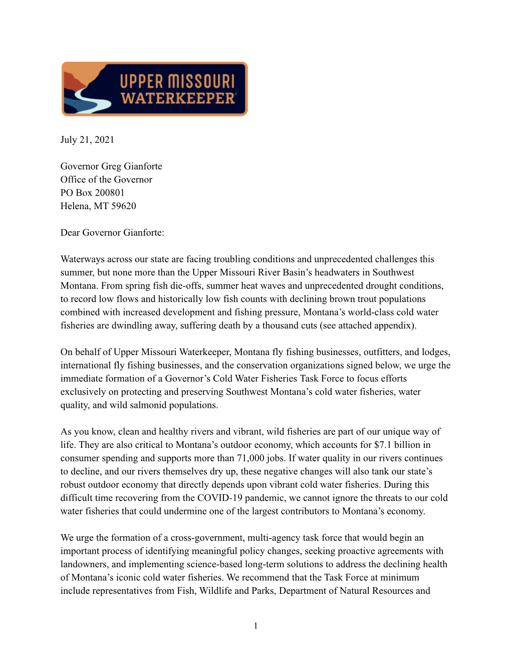 20210721 Gov. Gianforte Letter Cold Water Task Force