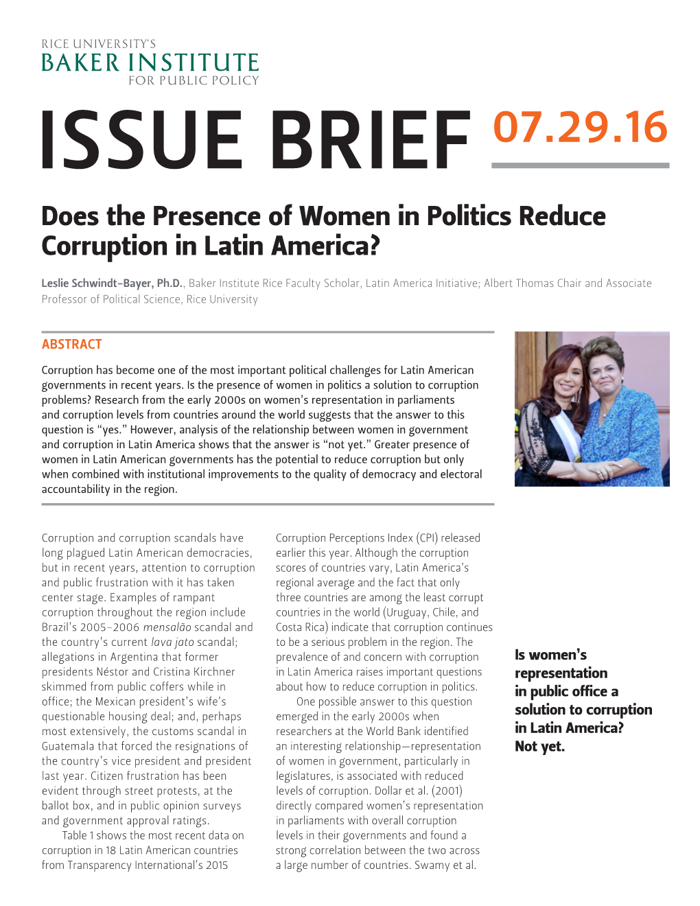 Does the Presence of Women in Politics Reduce Corruption in Latin America?