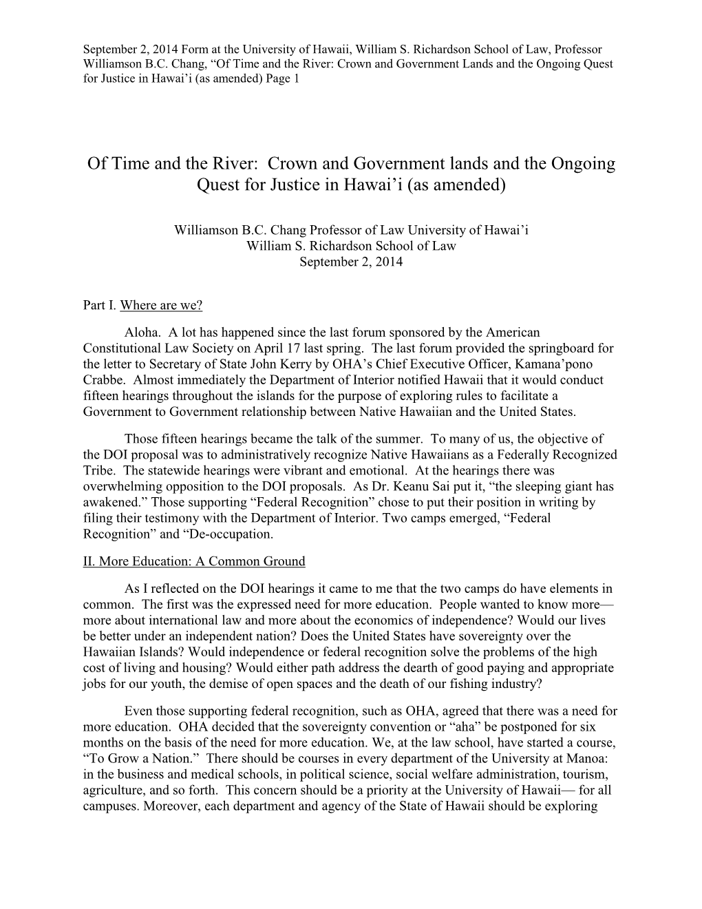 Of Time and the River: Crown and Government Lands and the Ongoing Quest for Justice in Hawai’I (As Amended) Page 1