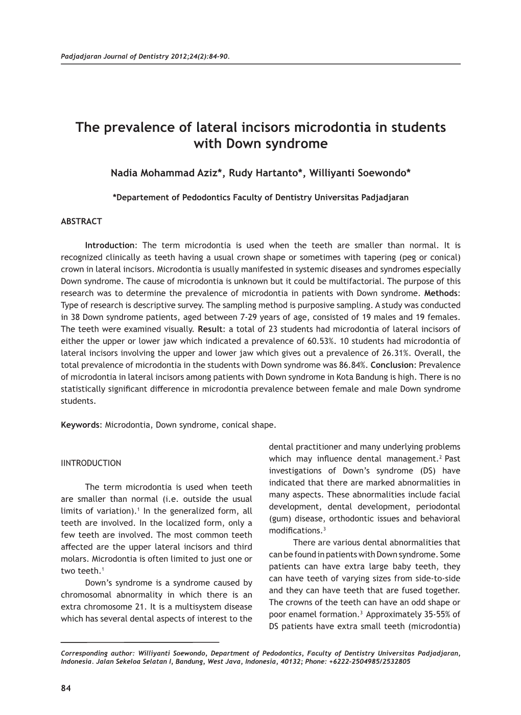 The Prevalence of Lateral Incisors Microdontia in Students with Down Syndrome