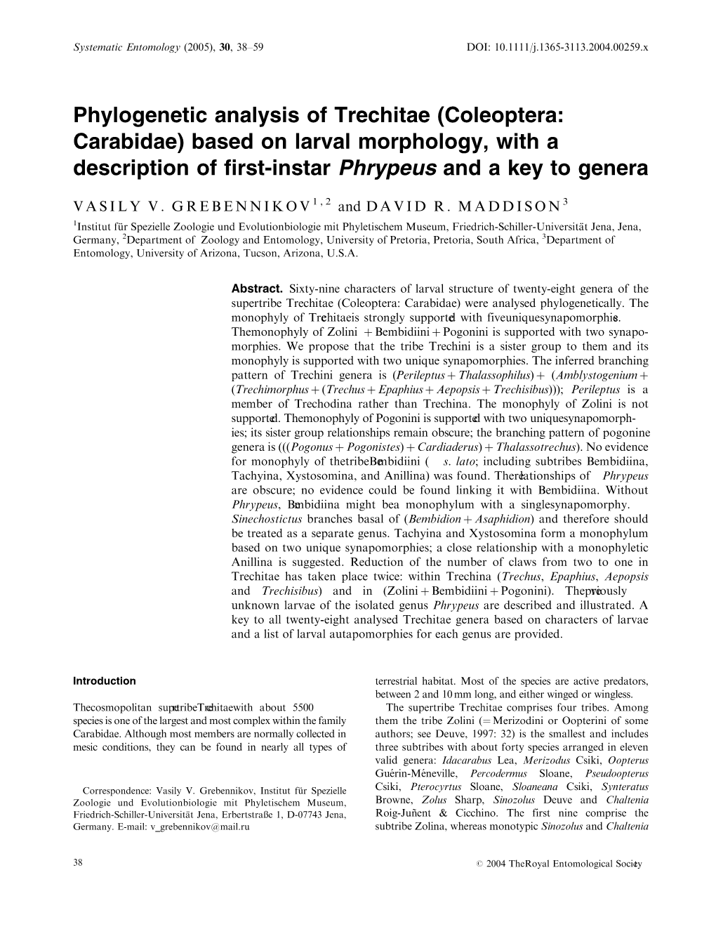 Phylogenetic Analysis of Trechitae (Coleoptera: Carabidae) Based on Larval Morphology, with a Description of First-Instar Phrypeus and a Key to Genera