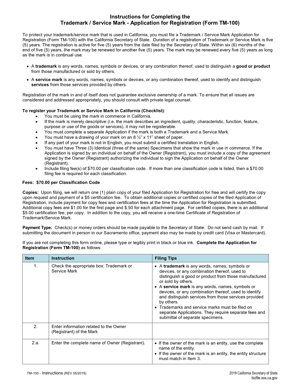 Application for Registration (Form TM-100)