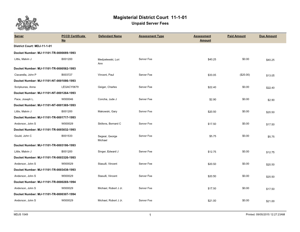 Magisterial District Court 11-1-01 Unpaid Server Fees