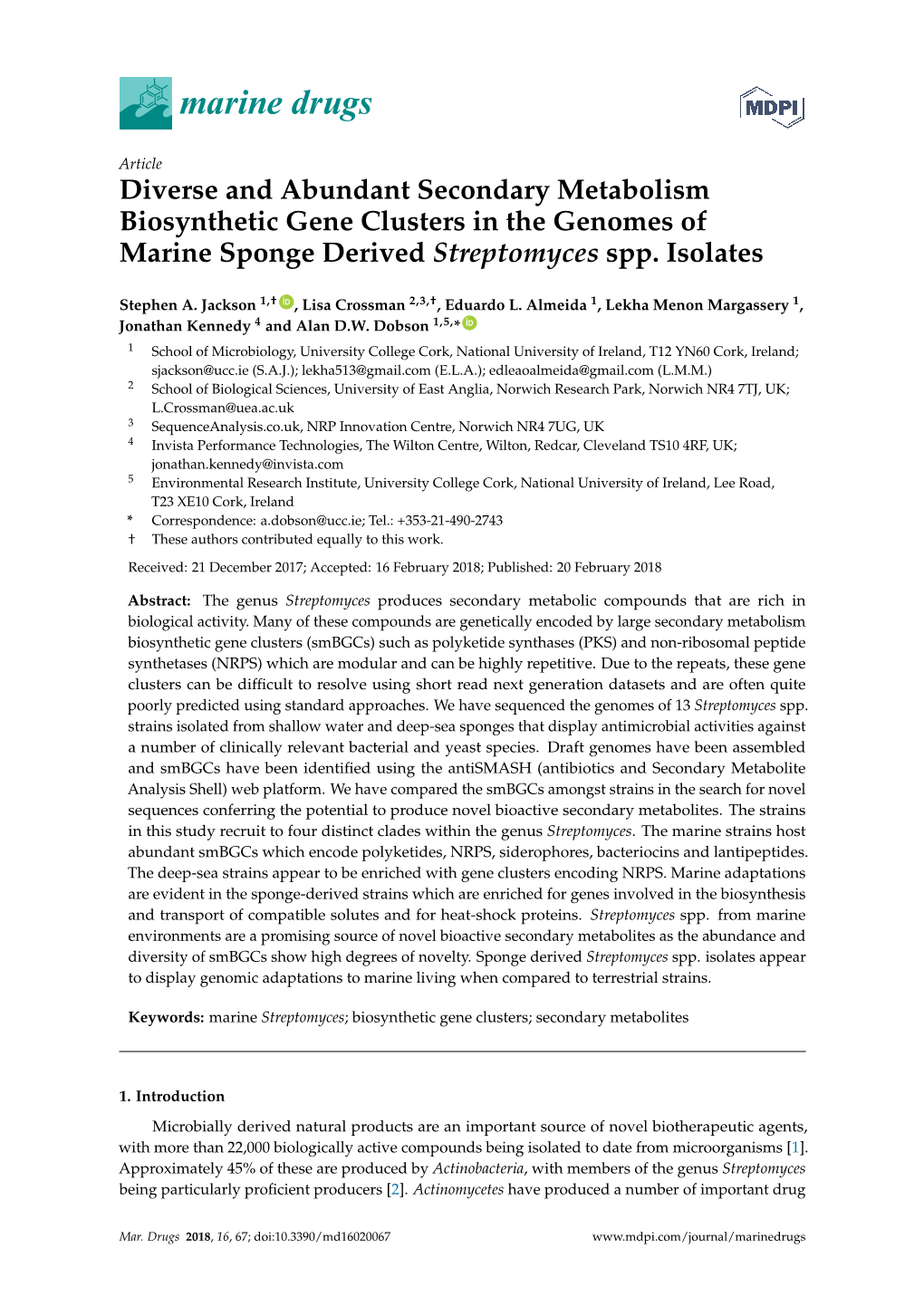 Diverse and Abundant Secondary Metabolism Biosynthetic Gene Clusters in the Genomes of Marine Sponge Derived Streptomyces Spp