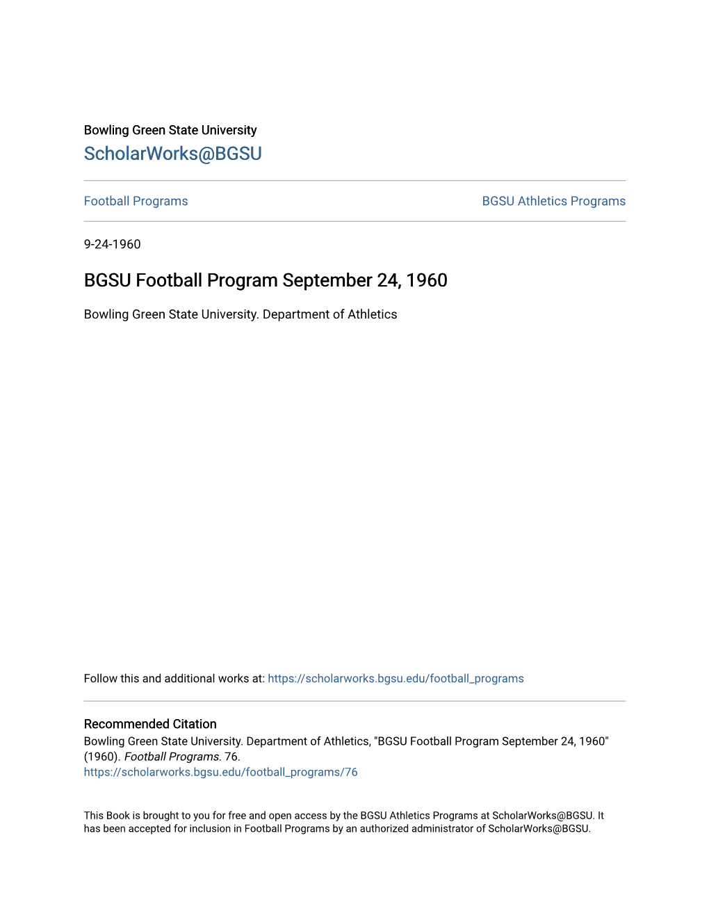 BGSU Football Program September 24, 1960