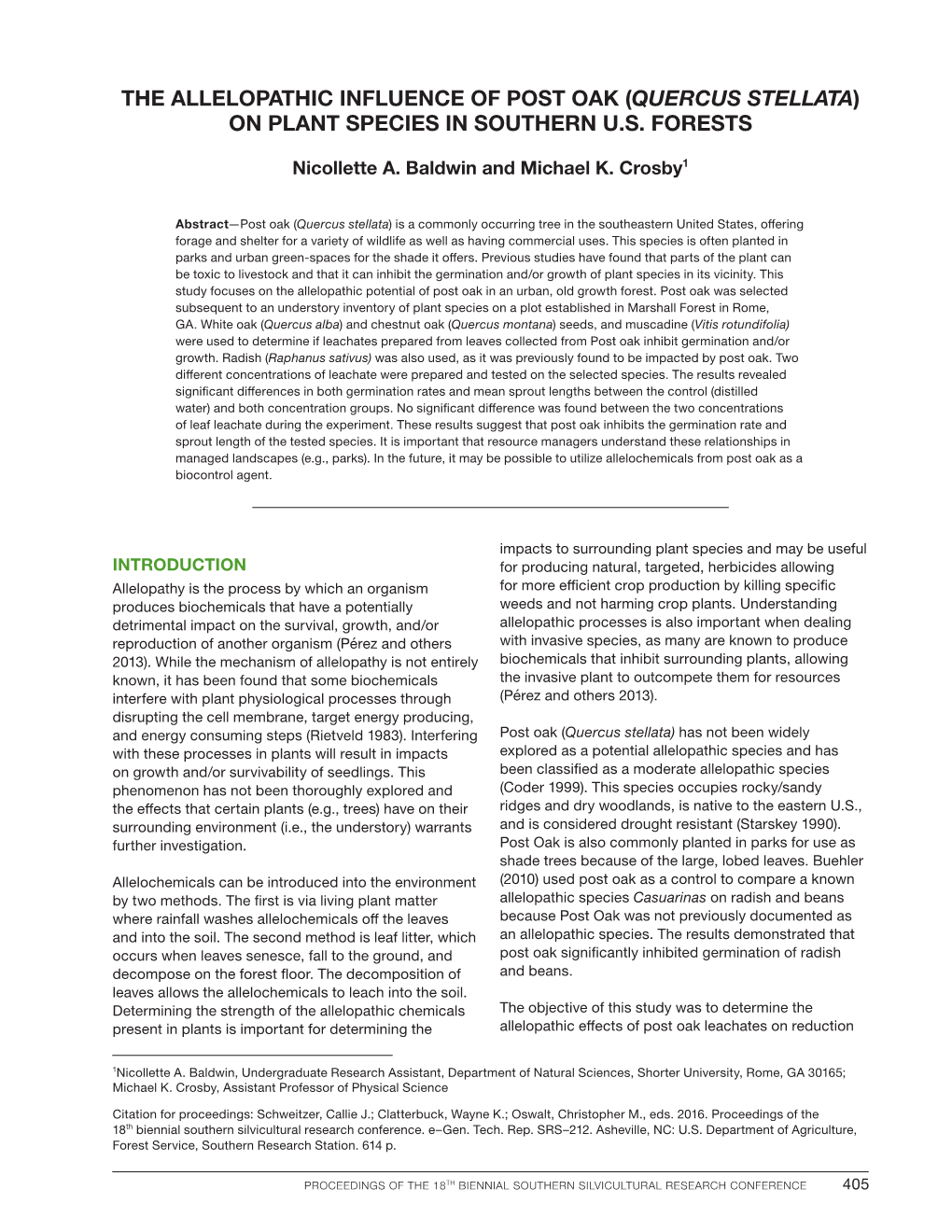 The Allelopathic Influence of Post Oak (Quercus Stellata) on Plant Species in Southern U.S