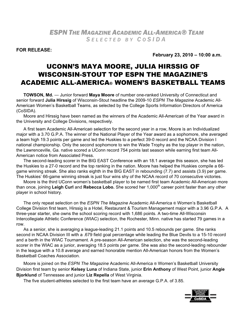 Uconn's Maya Moore, Julia Hirssig of Wisconsin-Stout