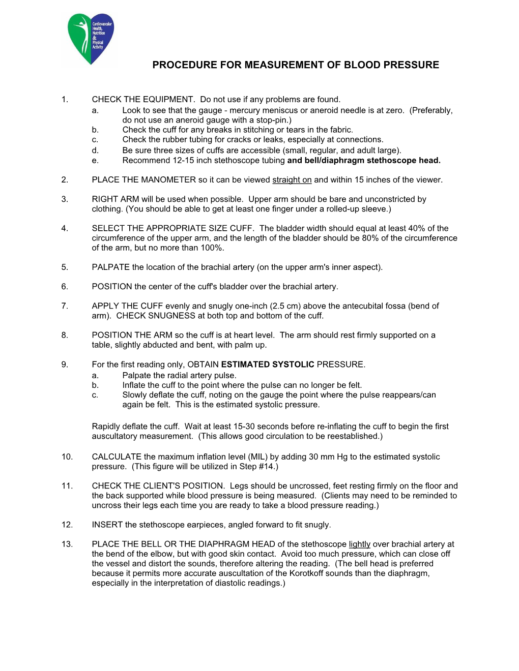 Procedure for Measurement of Blood Pressure