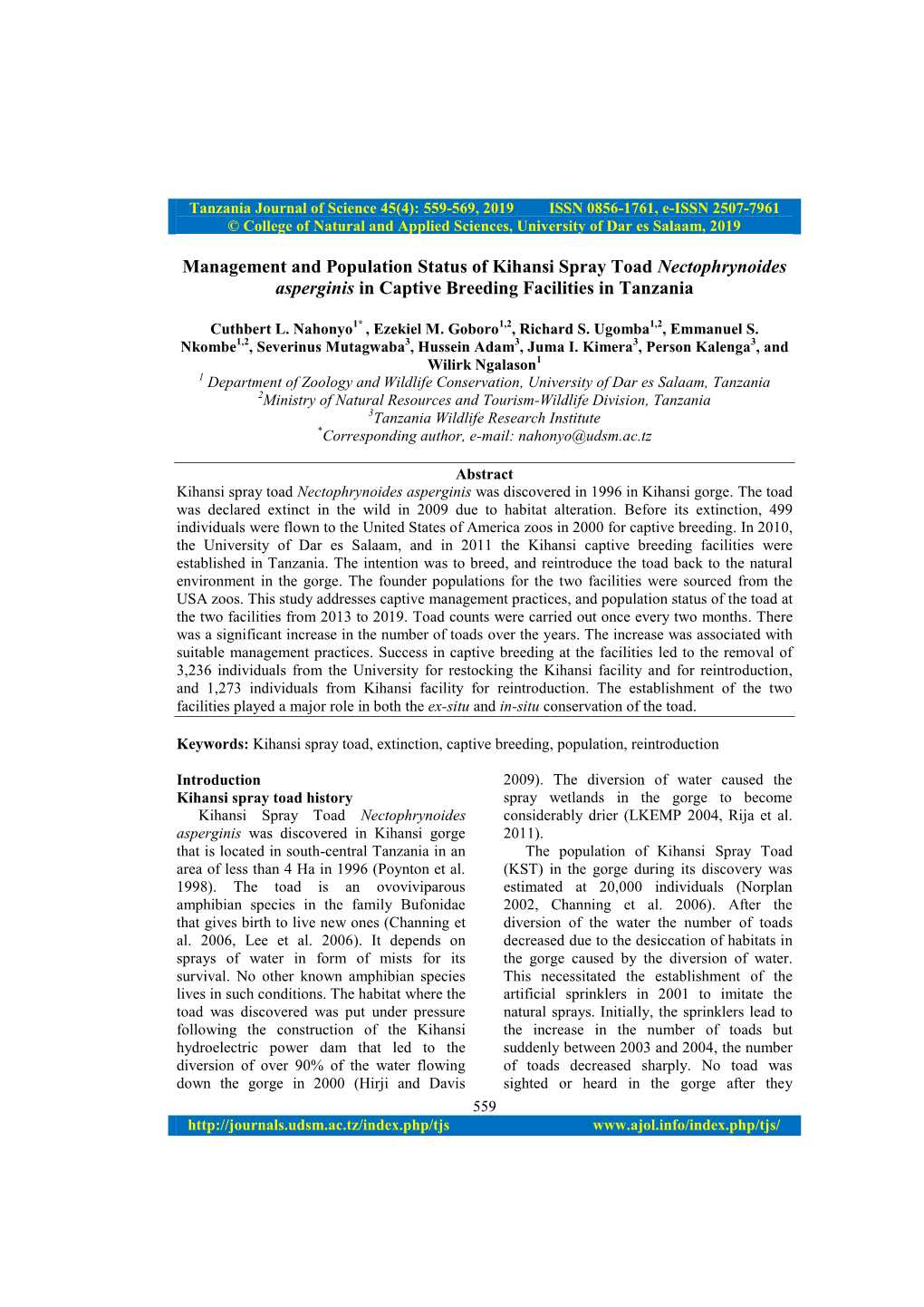 Management and Population Status of Kihansi Spray Toad Nectophrynoides Asperginis in Captive Breeding Facilities in Tanzania