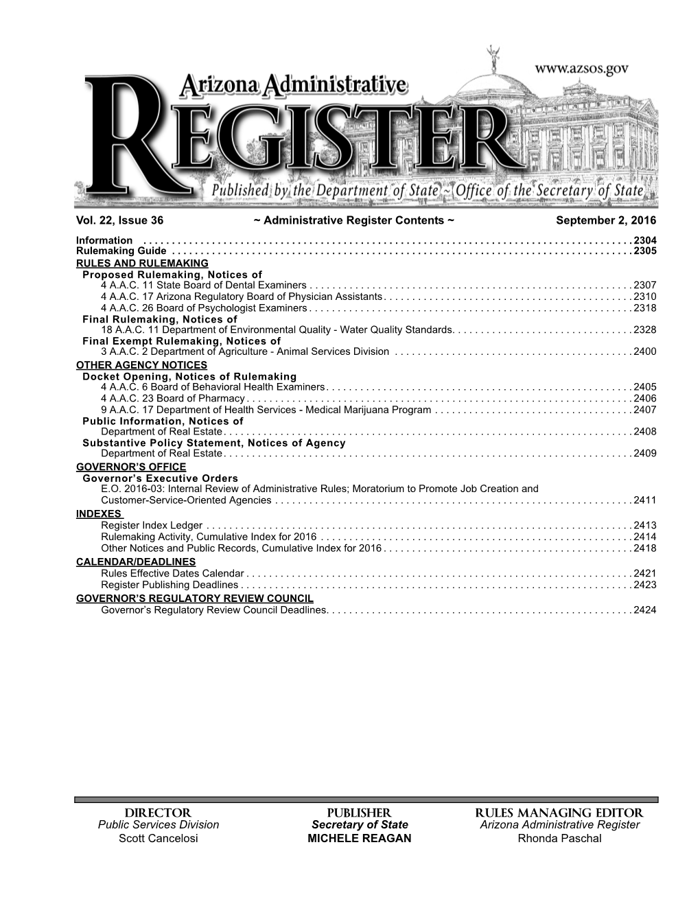 Issue 36 ~ Administrative Register Contents ~ September 2, 2016 Information